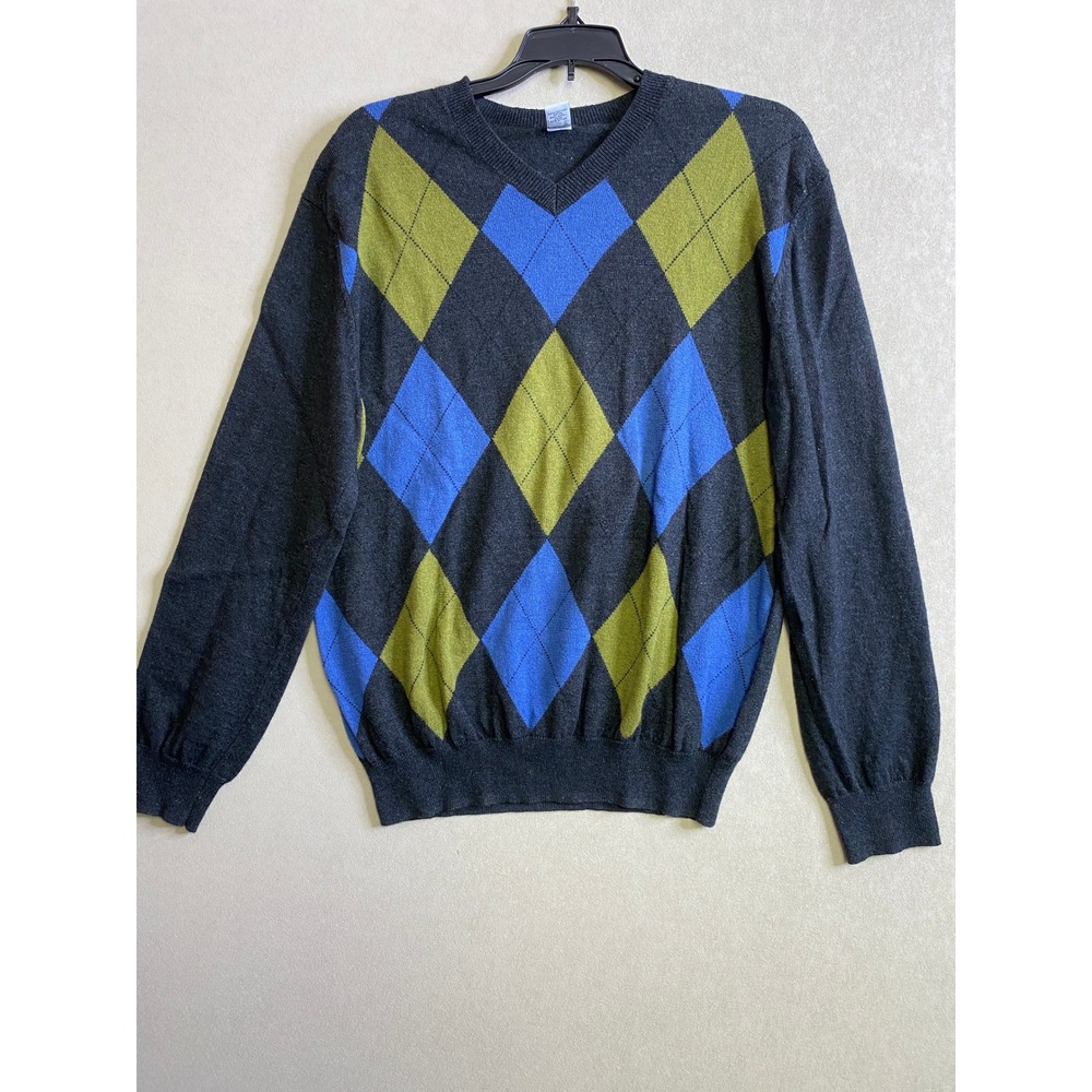 Gap Mens Argyle V-Neck Sweater Gray Blue Green Knit Pullover Size M